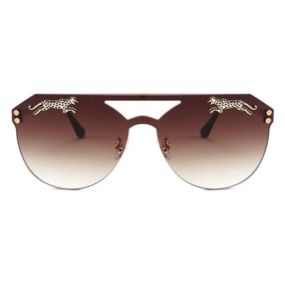 LUXURY Rimless Oversized Cateye Leopard Tiger Sunglasses Gold Accent Brown NEW - Picture 1 of 6